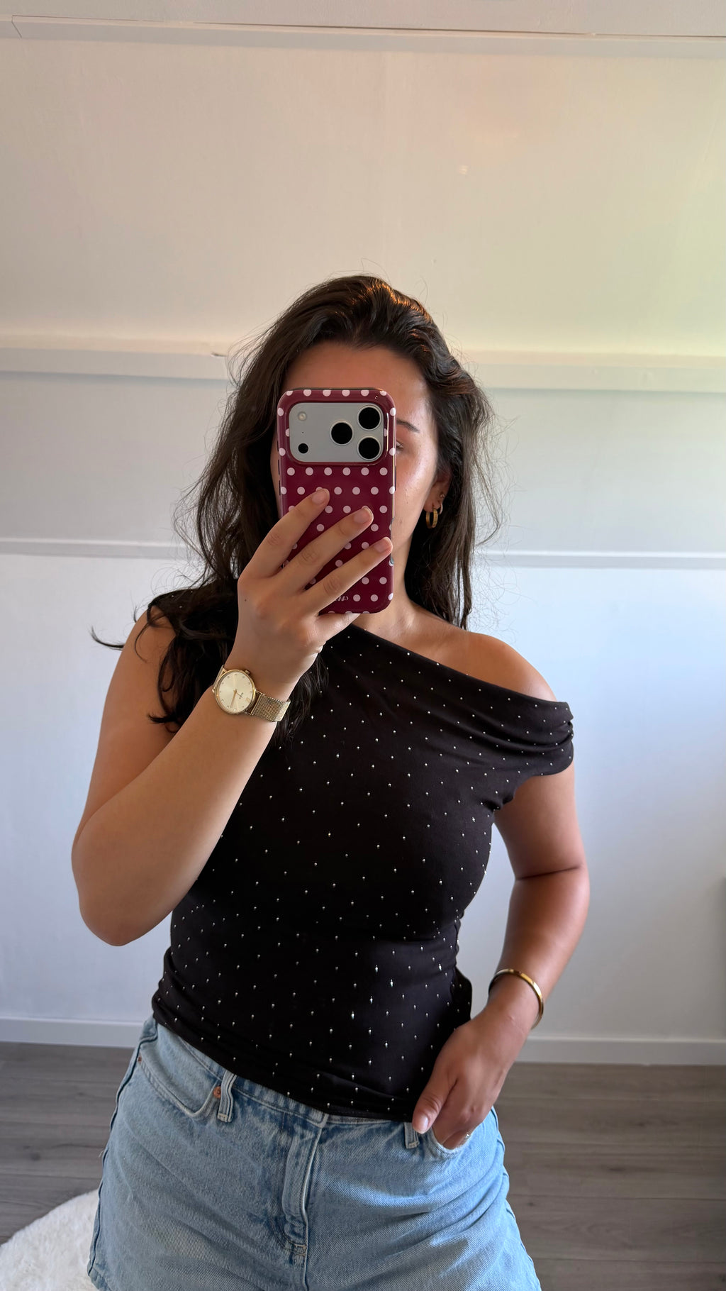 Off shoulder glitter topje bruin