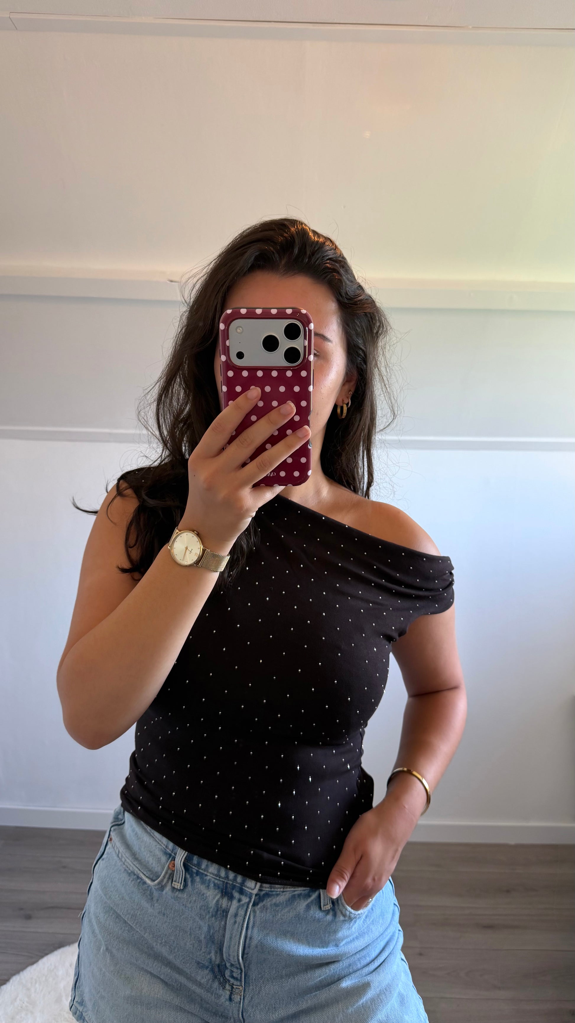 Off shoulder glitter topje bruin