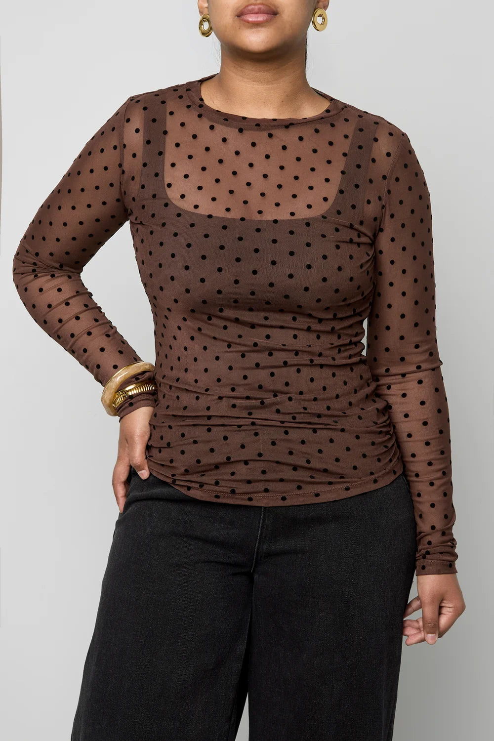 Mesh polkadot topje bruin