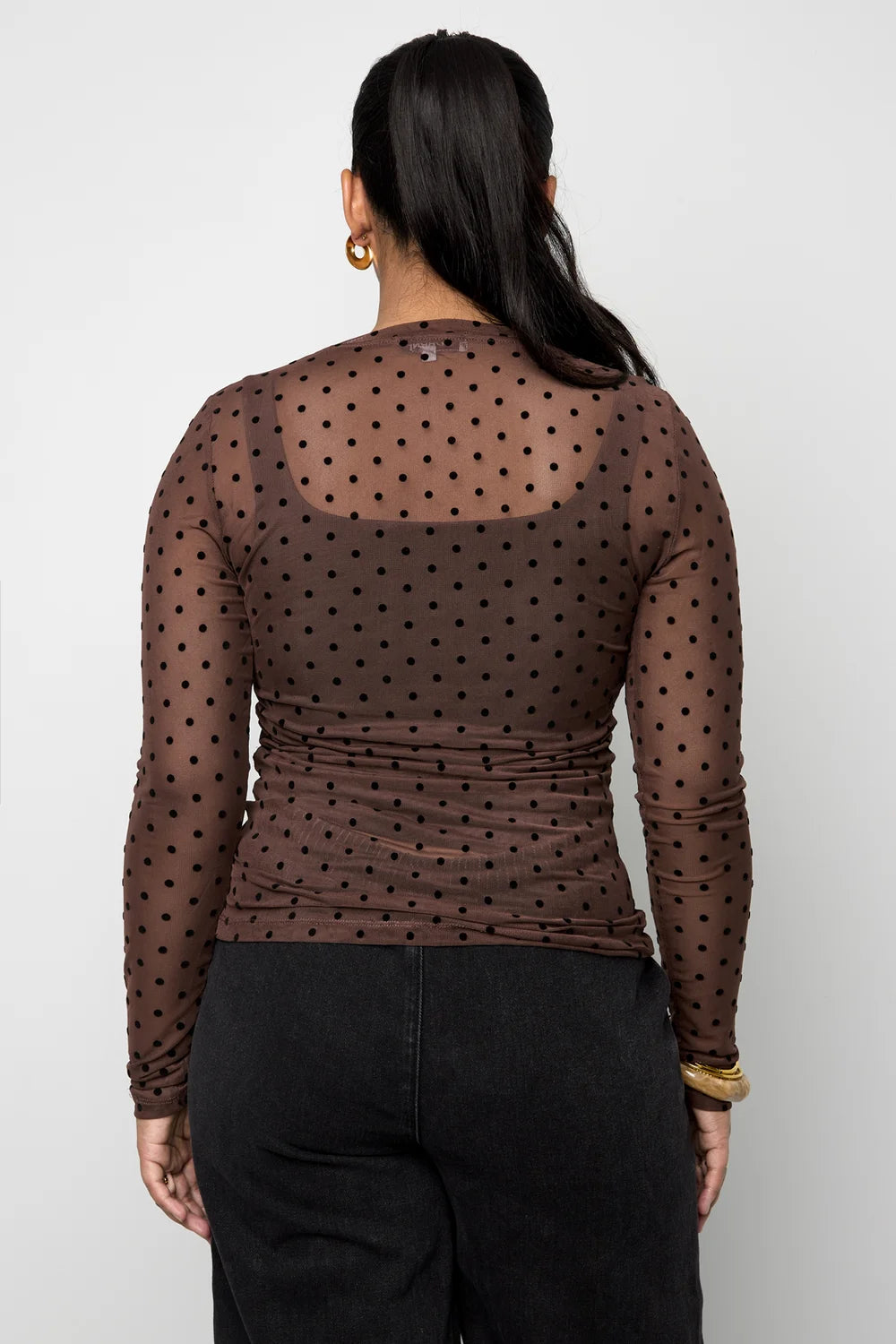 Mesh polkadot topje bruin