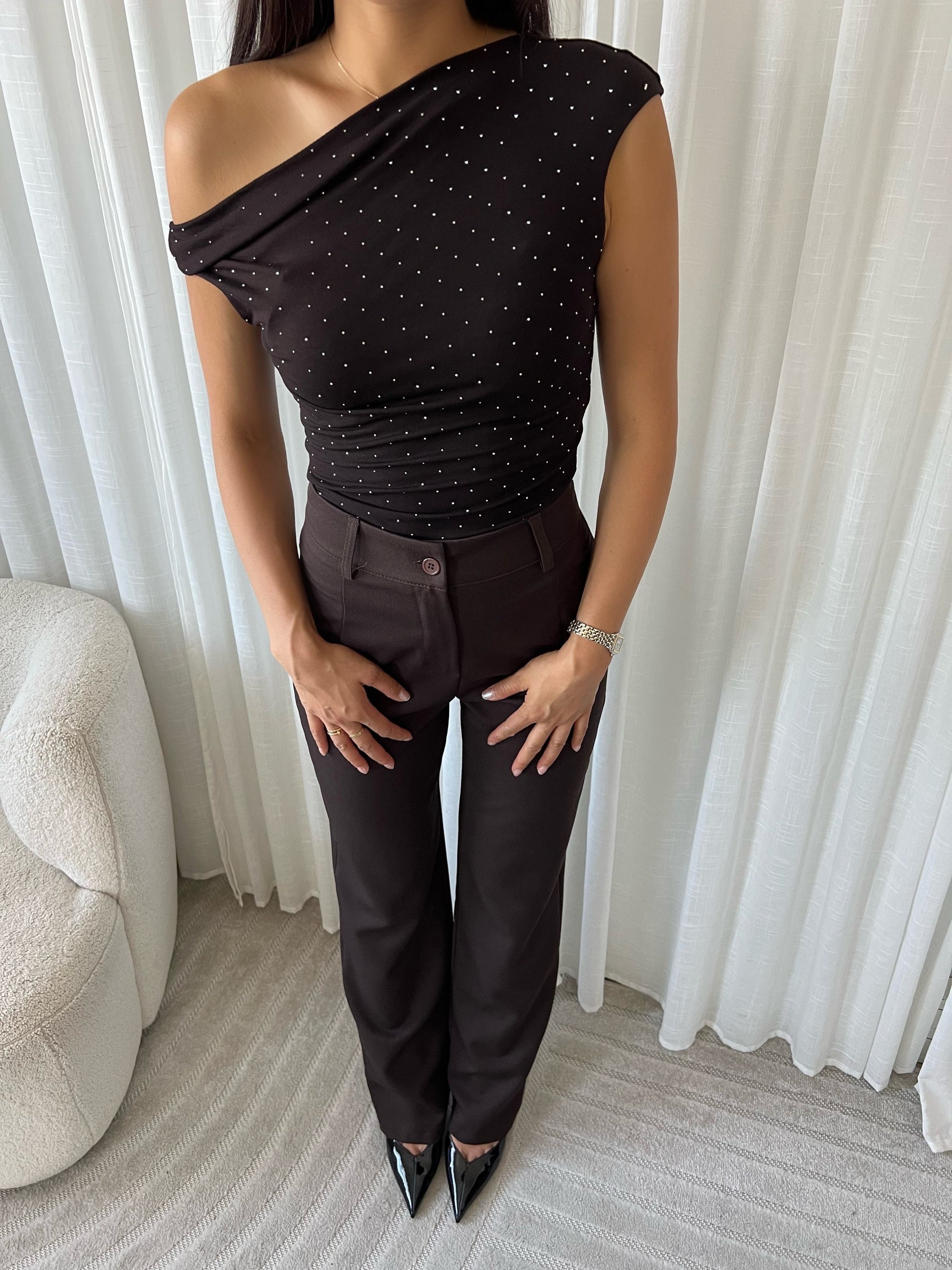 Off shoulder glitter topje bruin