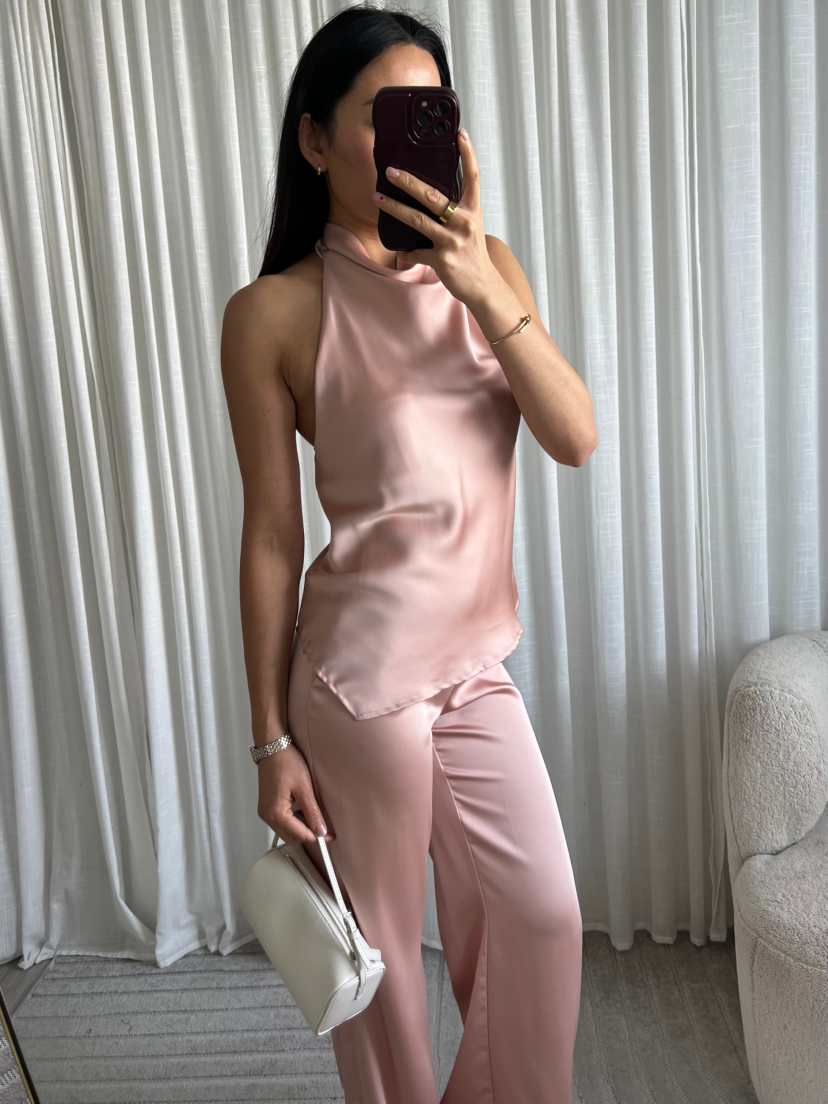 Roze satijnen halter top